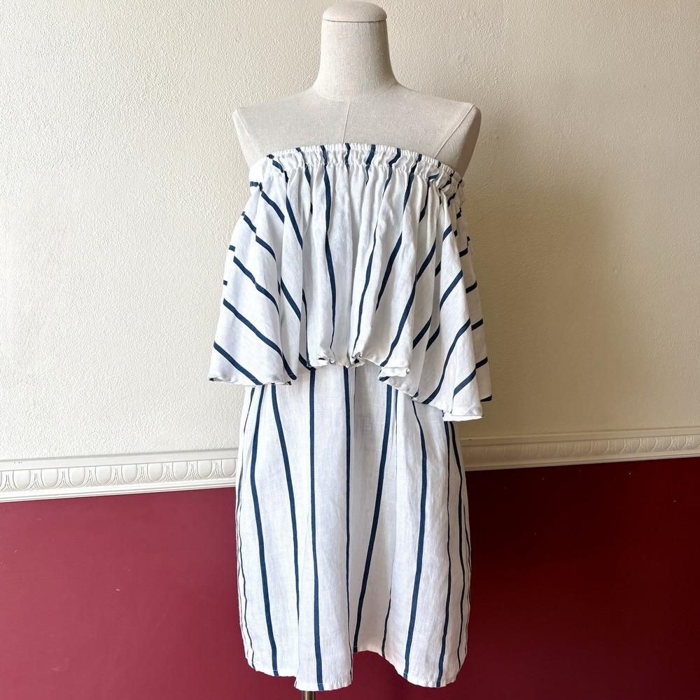 Faithfull The Brand 100% linen navy striped teired strapless ruffle dress